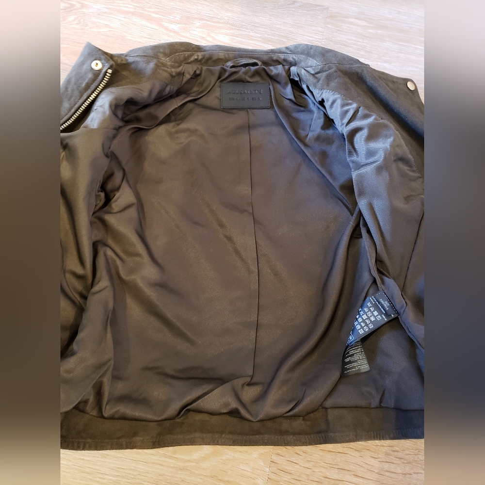 Allsaints suede balfern biker jacket in dark green womens size 2 - Picture 10 of 16